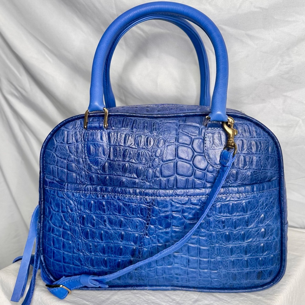 CLARE V Women’s Leather Royal Blue Croc Alligator Print Satchel Crossbody Bag
